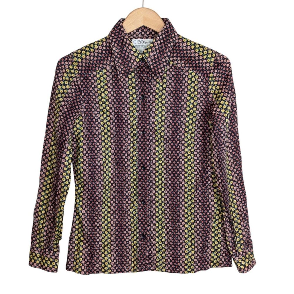 EUC Vintage 70s Ditsy Daisy Button Up Shirt Sz 12 Long Sleeve Multicolor Ciao